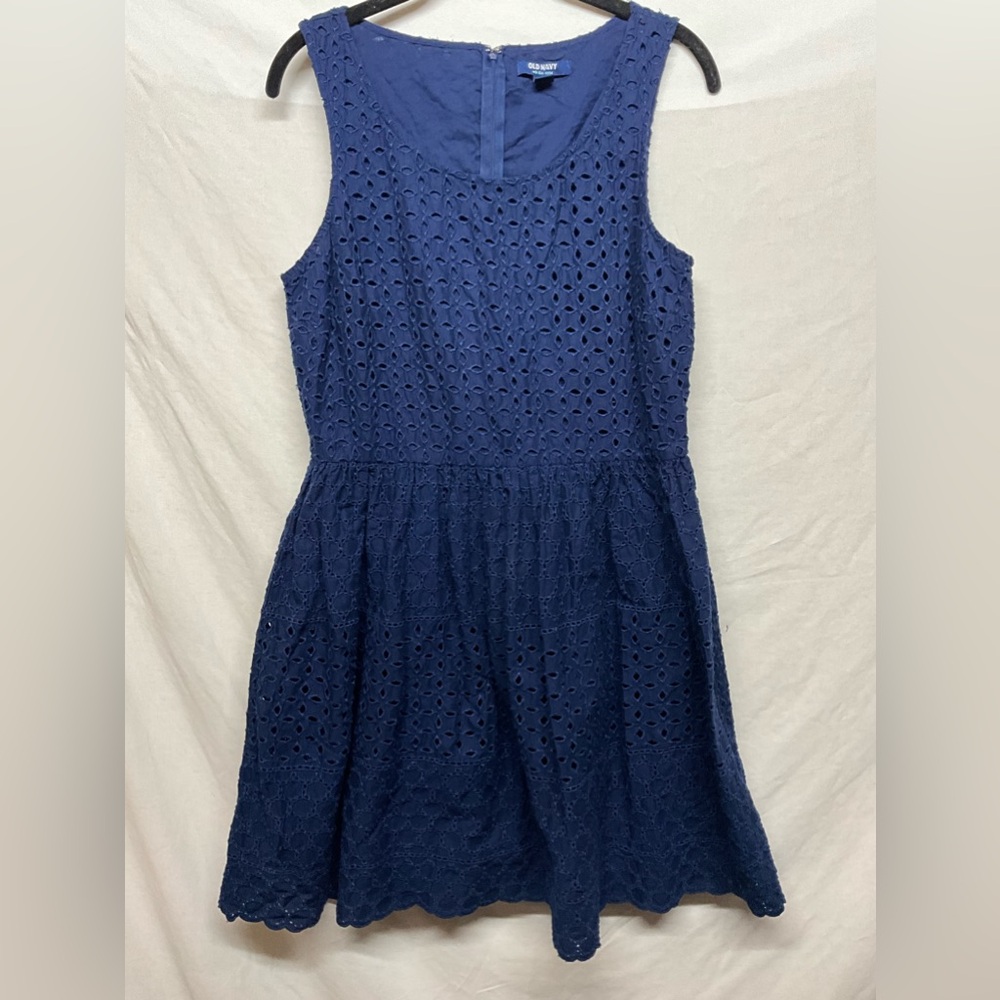 ✨Cutesy Navy Blue Sleeveless Eyelet Lace Fit & Flare Pleated A-Line Dress Sz 10